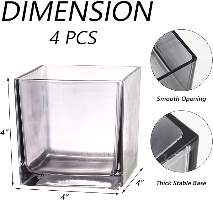 Square Glass Vases Set of 4, 4"x 4"x 4" Flower Vases for Centerpieces, Grey Glass Vase for Flowers, Small Vase for Wedding, Party, Home Office Decoration