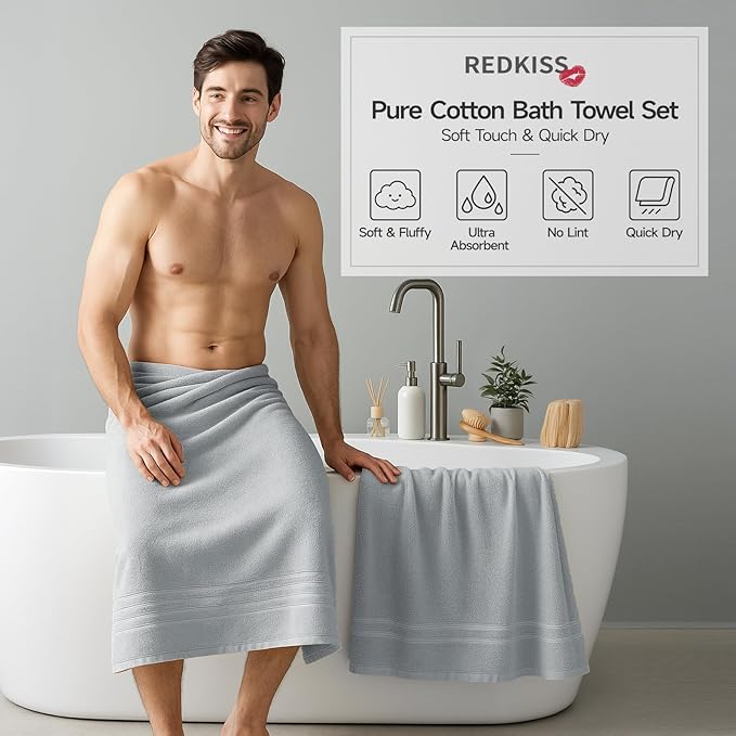 REDKISS Light Grey Bath Towel Set - 100% Cotton Towels for Bathroom, 600 GSM Premium Dark Grey Towel of 6, Includes 2 Large Bath Sheets, 2 Hand Towel, 2 Washcloths, Highly Absorbent