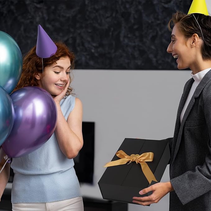 Gift Boxes with Lids, 9x9x3 Inch Black Gift Box with Ribbon Card Fancy Gift Wrap Boxes for Festival Anniversary Birthday Groomsmen Proposal Weddings Boyfriend Father's Day