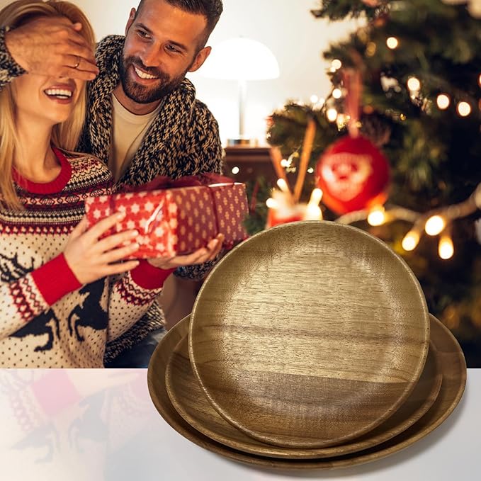MinBoo Wooden Acacia Plates set of 3, 9-6Inch Wood Acacia Serving Trays, Farmhouse Kitchen Plates, Reusable Wooden Dishware for Dining, Appetizers, Snacks, Parties (oval)