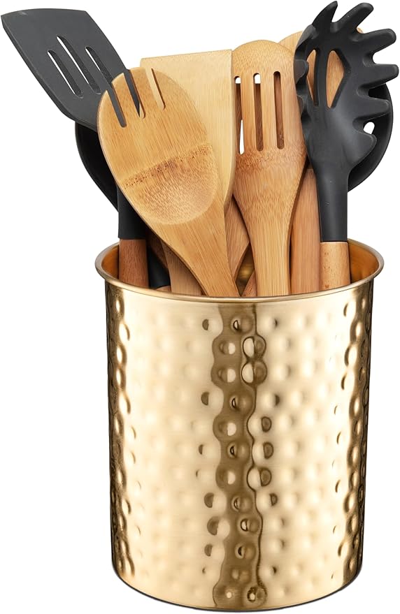Monarch Abode Metal Hand Hammered Caddy, Kitchen Interior Organizer for Utensils, Crock for Cooking Utensils, Multipurpose, Large Utensil Holder, Brushed Gold