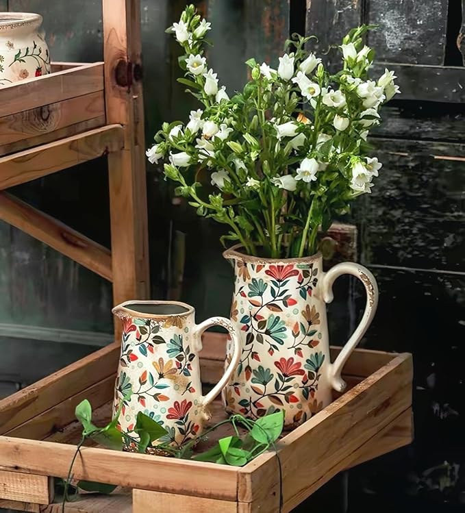 Vintage Colorful Flower Ceramic Vase with Handle, Retro Ice Glazed Crack Farmhouse Pitcher Vase for Home Decor, Living Room, Shelf, Office, Rustic Table Centerpiece 9 Inch