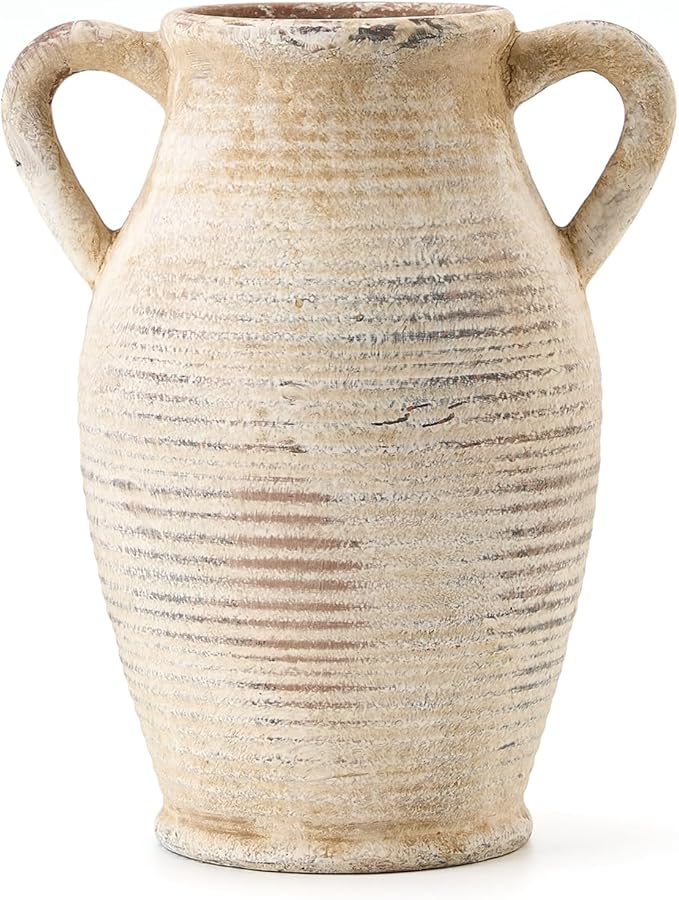 Large Ceramic Rustic Vase with 2 Handles, 9.8 inch Whitewashed Terra Cotta Decorative Pottery Flower Vase for Home Decor, Living Room, Shelf Decor, Enterway, Table Decoration, Gray