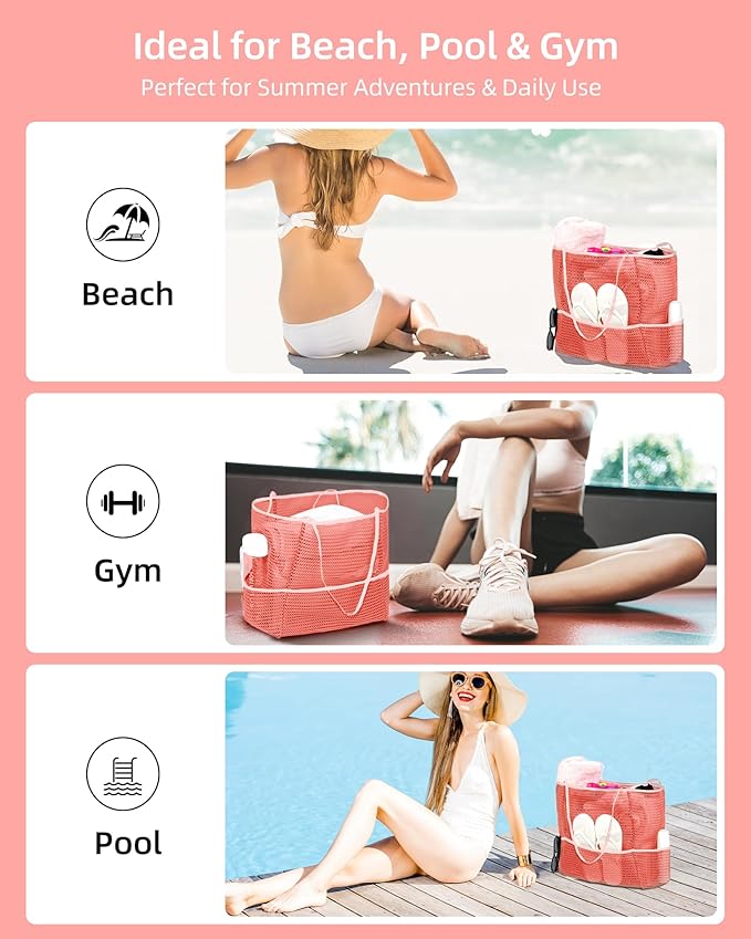 Mesh Beach Tote Bag Packable,2025 New 2-in-1 Large Lightweight Foldable Beach Bags with Multiple Pockets for Women