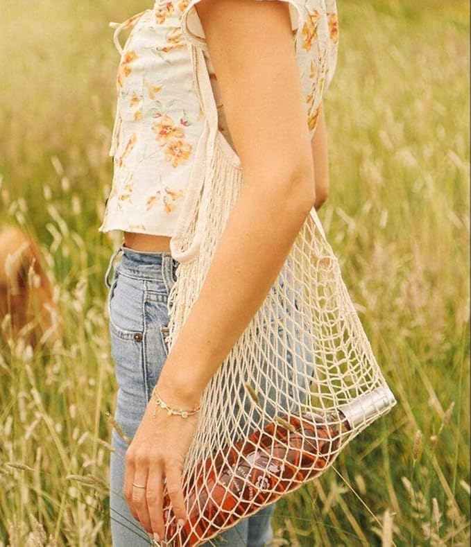 4 Pack Portable Reusable Grocery Bags Fruit and Vegetable Bag Washable Cotton Mesh String Organic Organizer Shopping Handbag Long Handle Net Tote (blue,Black,Beige,Orange)