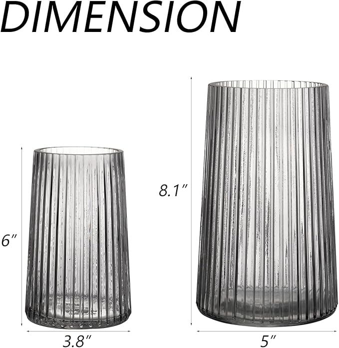 Ribbed Flower Vases Set of 2, Black Vases for Flowers, Flower Vase for Bouquet, Modern Ribbed Glass Vase for Living Room, Bedroom, Dining Table, Office, Wedding, Centerpieces