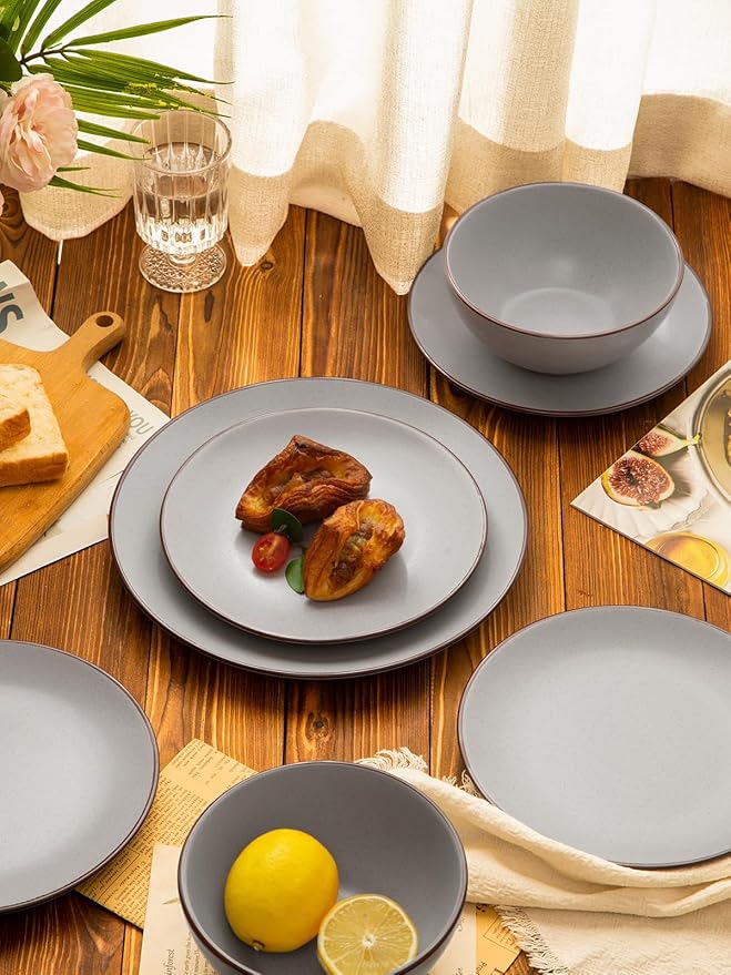 Famiware Venus Plates and Bowls Sets, 12 Pieces Stoneware Speckled Dinnerware Sets, Dishes Set for 4, Microwave and Dishwasher Safe, Matte Light Grey