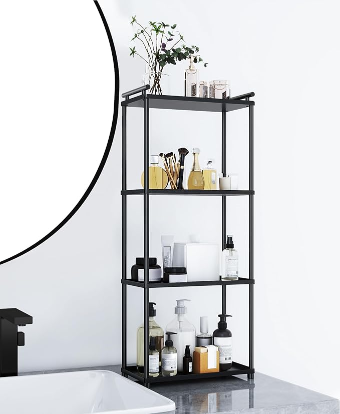 Matte Black 4 Tier Bathroom Organizer Countertop, Stainless Steel Perfume Tray and Vanity Countertop Shelf, Makeup Skin Care Bathroom Organizers and Storage for Dresser, Kitchen