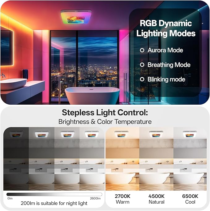 Bathroom Exhaust Fan with Light Humidity Sensor, Bathroom Fan with Humidity Sensor, 230 CFM 1.0 Sone Exhaust Fan, Venlitation Fan with 3CCT LED Light 7 LED Color, Remote Control Easy Install