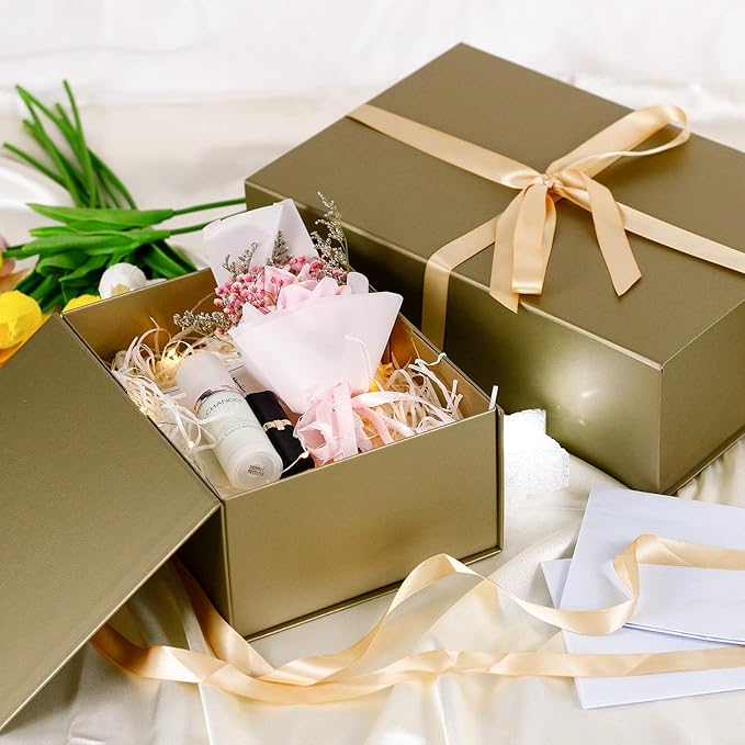 MOYEUPAC Glod Gift Box,9" X 7" X 4" with Lids for Presents Magnetic Closure Gift Packaging for Christmas,Thanksgiving, Birthday,Glod with Ribbon