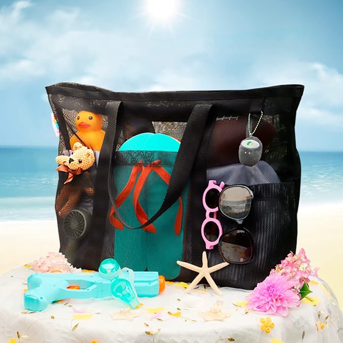 Tagitary Mesh Beach Bag with Zipper Large Beach Tote Waterproof Sandproof with 8 Pockets for Toys Pool Bag Beach Accessories