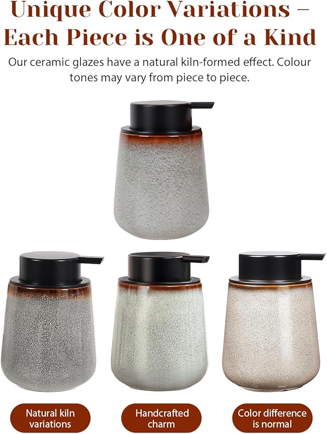 INGOFIN Ceramic Foaming Soap Dispenser -12oz Foam Hand Soap Dispenser Bathroom, Modern Refillable Dish Wash Soap Bottle for Kitchen with Large Pump,Kiln-Glazed