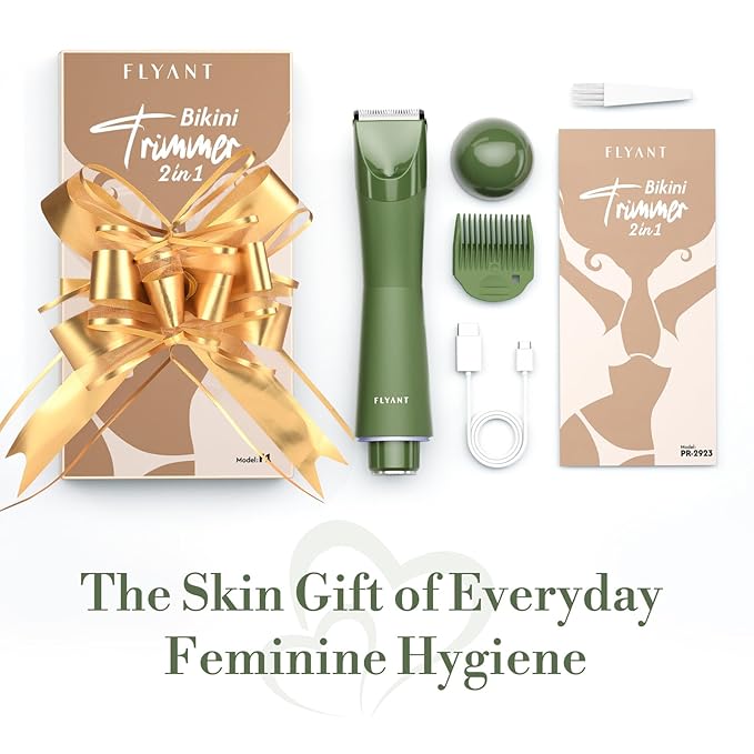 Flyant Bikini Trimmer for Women, 2 in 1 Electric Shaver for Women, Pubic Hair Trimmer Waterproof IPX7 with Led Display for Leg Arm Underarm Bikini Area, Christmas Gift Box for Friends - Dark Green