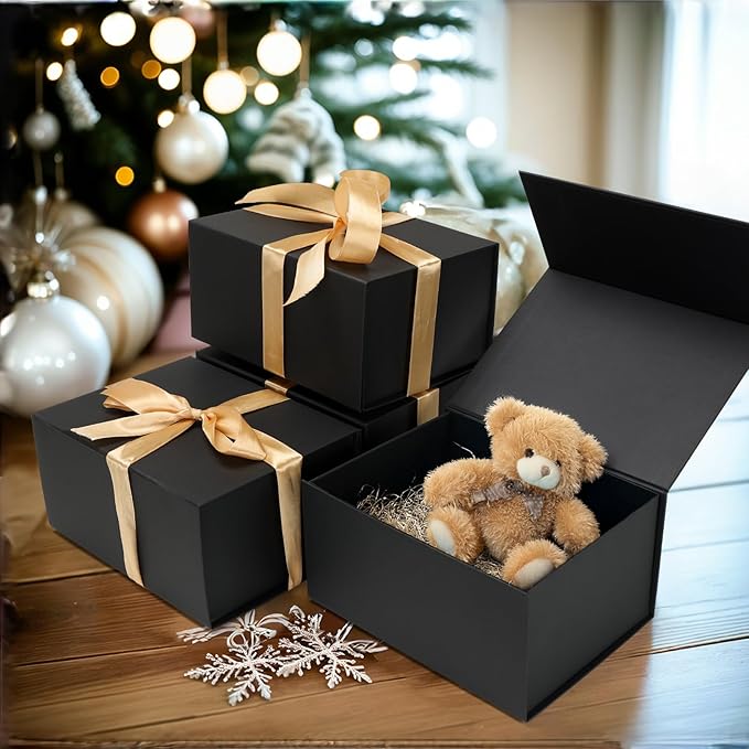 Ditwis 4 Pack 8x6x4 Inches Gift Boxes with Magnetic Closure Lids, Black Magnetic Box for Wedding, Groomsmen Bridesmaid Proposal, Birthdays, Mother's Day