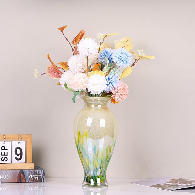 Hand Blown Glass Vase 11.8" Tall Beautiful Green Sea Wide Mouth Bud Vase for Table Centerpiece, Painted Colorful Murano Glass Flower Vases for - Home Entrance Wedding Center