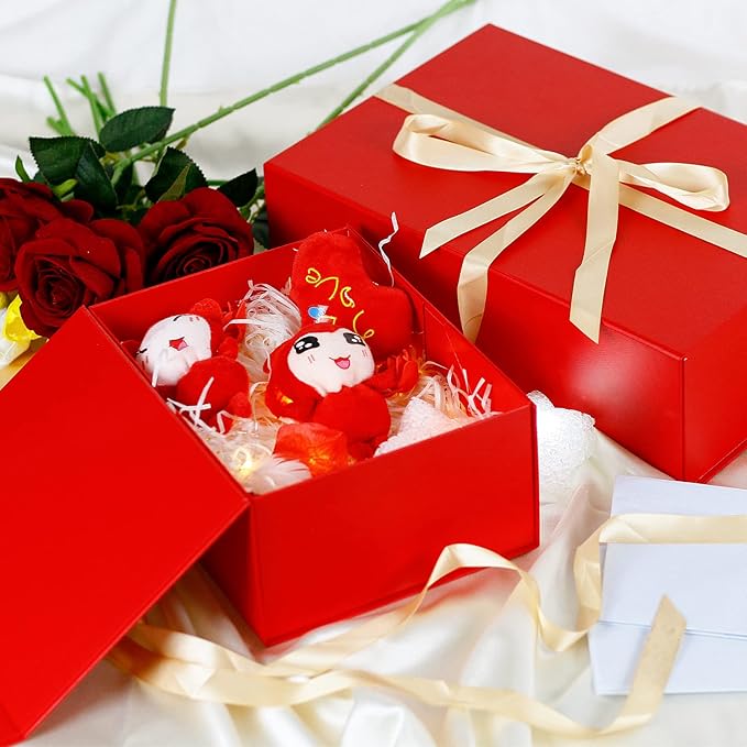 MOYEUPAC Red Gift Box,9" X 7" X 4" with Lids for Presents Magnetic Closure Gift Packaging for Christmas,Thanksgiving Halloween, Birthday Red with Ribbon