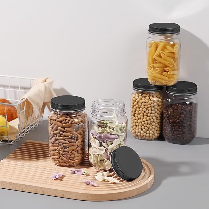 novelinks 16 oz Clear Plastic Jars with Screw-On Lids - BPA-Free Refillable Storage Containers for Slime, Food, Crafts, Kitchen & Household Use (5 Pack,Black)