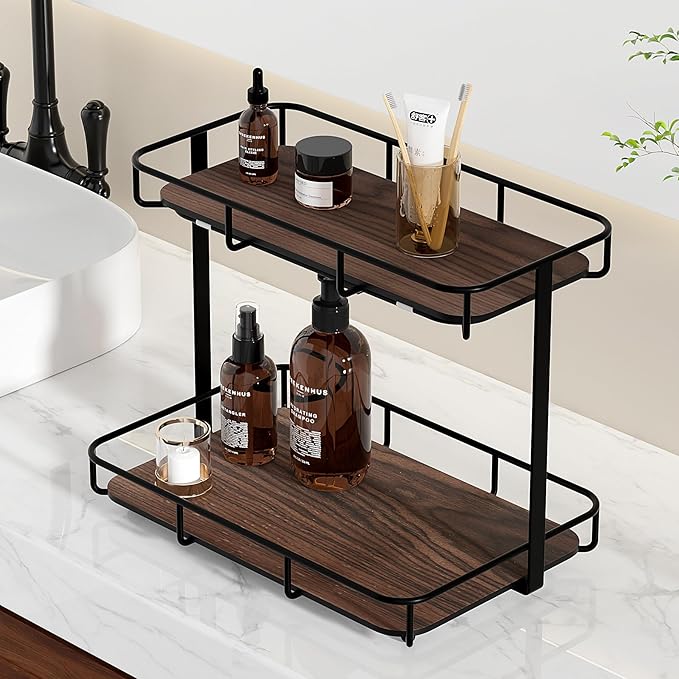Bathroom Organizer Countertop Perfume Organizer Makeup Organizer Cosmetics Storage Display Rack Vanity Tray Dresser Stainless Steel Gold Shelf White Marble Ceramic Tray (2 Tier L-Black Wood)