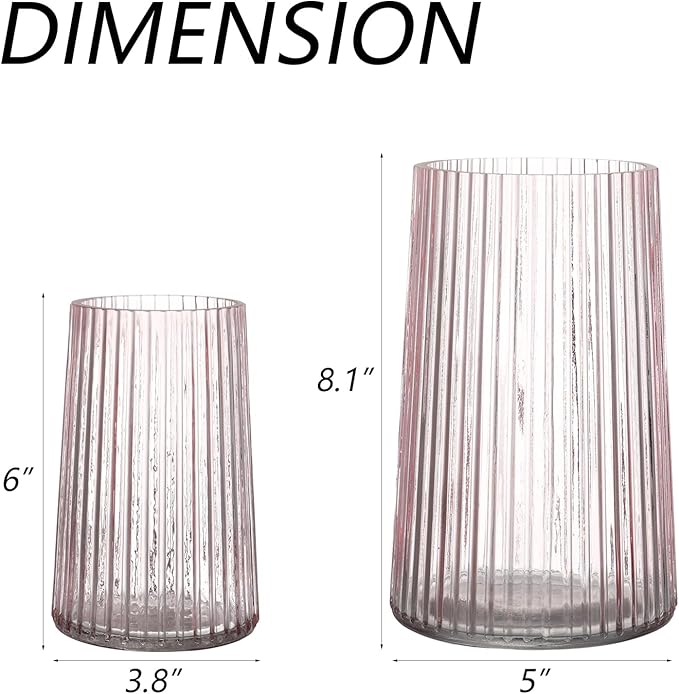 Ribbed Flower Vases Set of 2, Pink Vases for Flowers, Flower Vase for Bouquet, Modern Ribbed Glass Vase for Living Room, Bedroom, Dining Table, Office, Wedding, Centerpieces