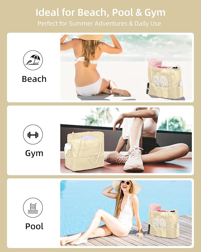 Mesh Beach Tote Bag Packable,2025 New 2-in-1 Large Lightweight Foldable Beach Bags with Multiple Pockets for Women