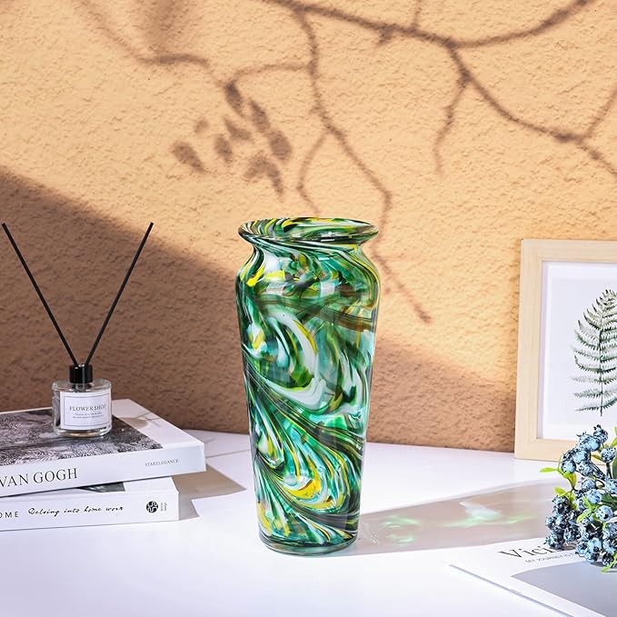 Blown Glass Green vase, Green Home Decorations, Modern Art Wide Mouth vase for Living Room Dining Table Coffee Table entryway TV Cabinet nightstand Centerpiece.