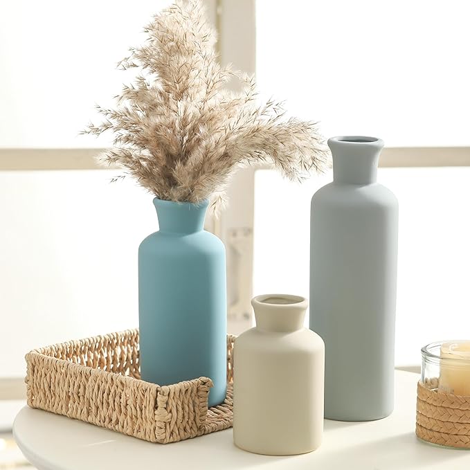 Ceramic Vase Set of 3, Neutral Modern Vases Home Decor Boho Vase Farmhouse Decor Flowers Pampas Vases for Table Mantel Entryway Shelf Living Room Kitchen Bathroom - Blue
