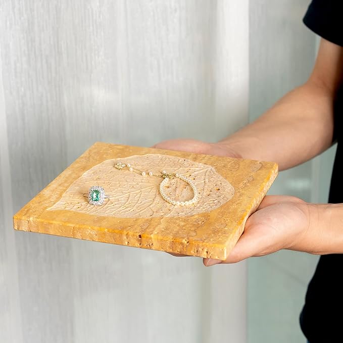 Marble Leaf Embossed Tray, Natural Golden Travertine Vanity Decorative Marble Tray for Bathroom, Jewelry, Kitchen and Desktop, Decorative Stone Pallet for Cosmetics, Perfume and Home Decor