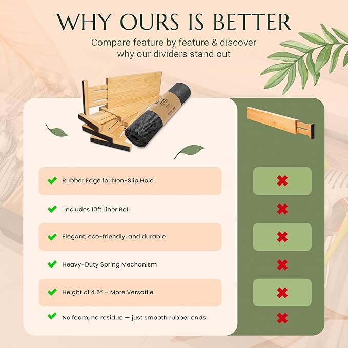 Adjustable Bamboo Drawer Dividers 6 Pack, Expandable Drawer Organizer for Kitchen, Bedroom, Bathroom and Dresser, Each Divider Expands from 12" to 17.5" Height 4.5 – Free Mat Included in Package.