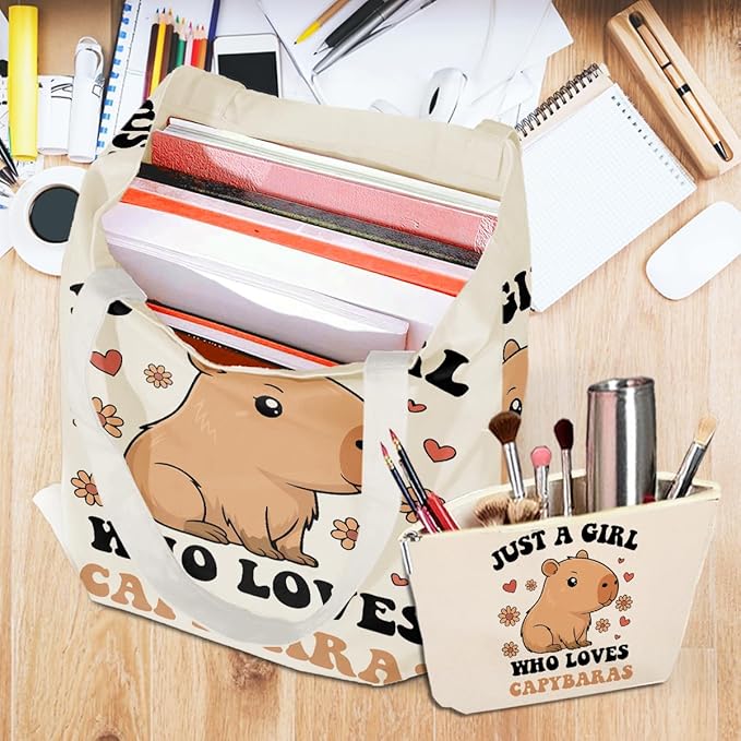 A Girl Loves Capybaras Capybara Gifts, Cute Capybara Stuff Accessories Canvas Tote Bag Makeup Cosmetic Bag Beach Bags for Women Girls Teacher Sister Birthday Weekender Graduation Christmas Easter