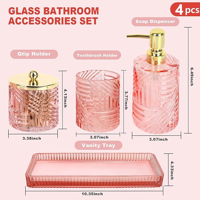 Bathroom Accessories Set,4 Pcs Pink Glass Bathroom Accessories Sets Complete with Lotion Soap Dispenser,Toothbrush Holder,Qtip Holder Dispenser and Vanity Tray,Bathroom Countertop Vanity Organizer
