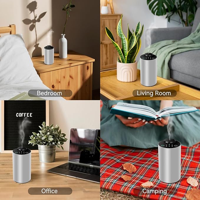 Waterless Essential Oil Diffuser Battery Operated Cordless Aromatherapy Diffuser with Timing & 3 Mist Levels car Diffuser,Black Aluminum Alloy (Silver)