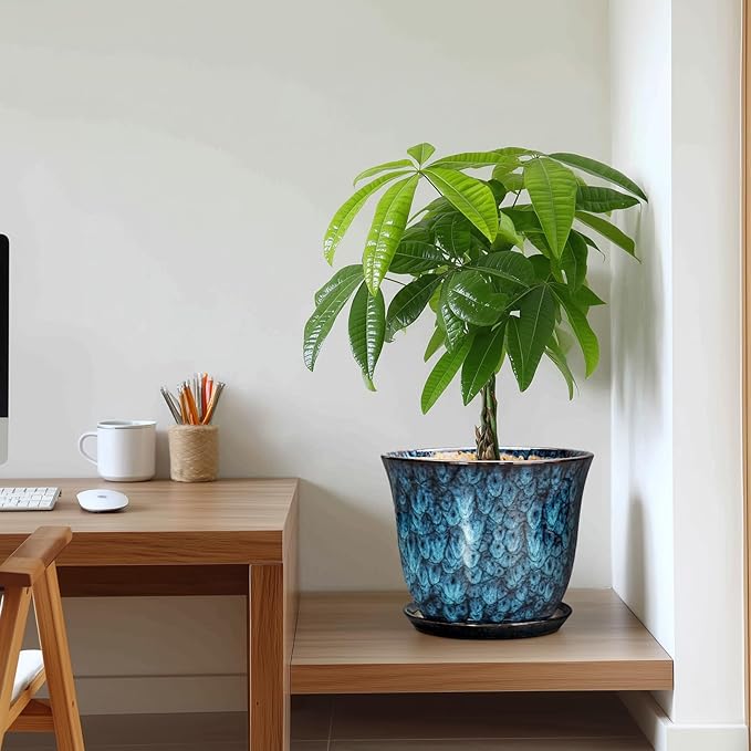 10 Inch Plant Pot - Ceramic Planter with Drainage Hole and Saucer, Round Flower Pots for Indoor Outdoor, Modern Decorative Planter for Plants, Home Office Decor, Plant Lover Gifts, Blue