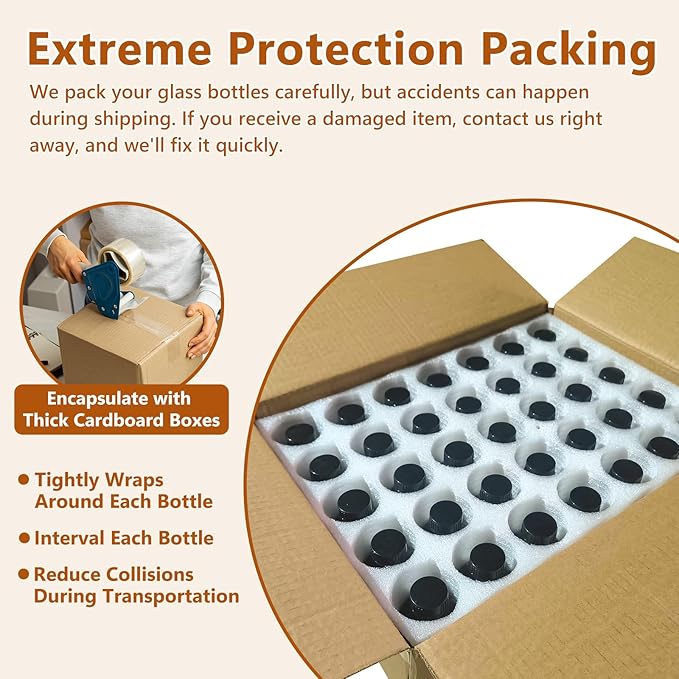 35 Pack 4oz Amber Glass Boston Round Bottles with Polycone Leak-Proof Phenolic Caps – Brown Airtight Refillable Containers for Homemade Vanilla Extract, Essential Oils, Herbal Medicine, and Syrups