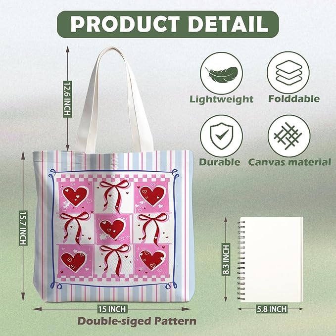 Animals-Flowers-Fruits-Bow Valentines Canvas Heart Tote Bag, Coquette Reusable Shopping Grocery Bags