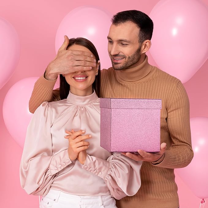 UNIQOOO 5Pcs Christmas Pink Glitter Gift Box Set w/Lid, Assorted Size, Rose Gold Square Nested Wedding Paper Box Tower Organizer for Party, Thanksgiving, Gift Wrap Packaging