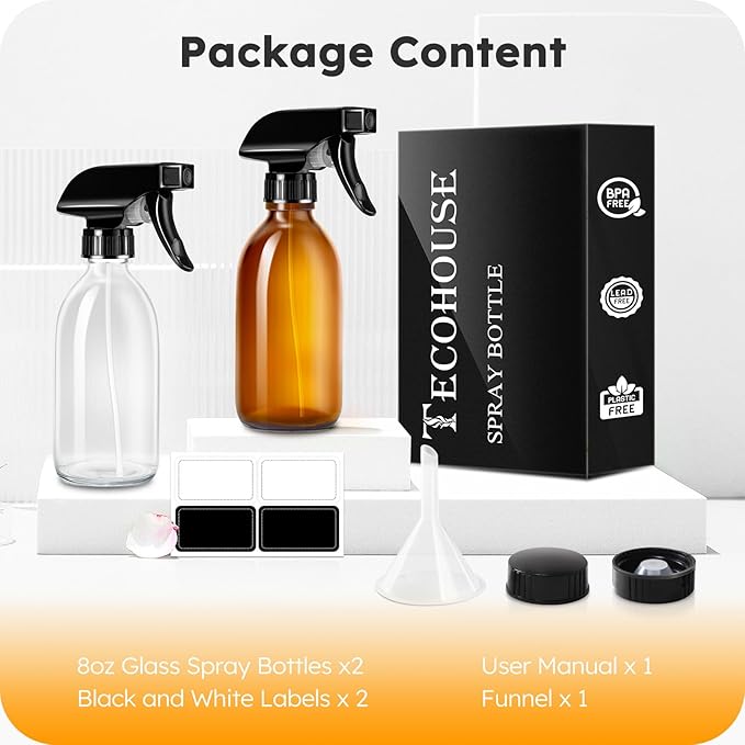 Tecohouse Glass Spray Bottle 8 oz, Clear Small Empty Refillable Sprayer Container with Labels, Funnel, Lids, Graduated Pipettes - Handheld Size