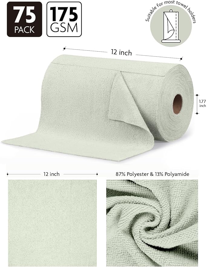 Fantasticlean Microfiber Cleaning Cloth Roll -75 Pack, Tear Away Microfiber Towels, 12" x 12", Reusable, Washable, Scratch Free, Ultra Absorbent Dishcloth for Home Supplies, Car, Pet (Moss Green)