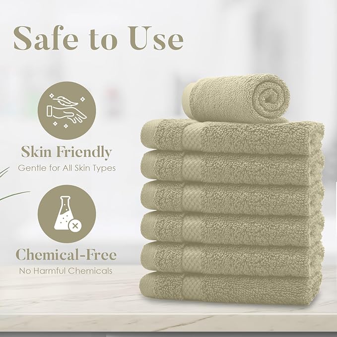 DAN RIVER 12-Pack Premium 100% Cotton Beige Face Towels – Reusable Face Towel Set, Soft & Absorbent Thin Wash Cloths for Bathroom & Body – Hand and Face Towels, 550 GSM (12x12 in)