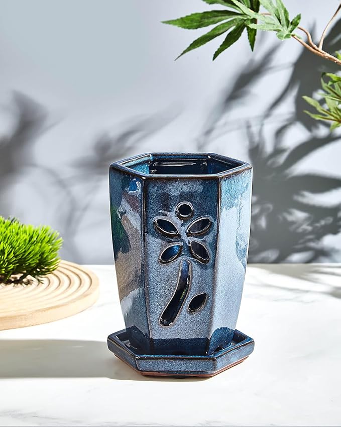 vensovo 4 Inch Ceramic Orchid Pots with Holes and Saucers - 1 Pcs Small Hexagon Succulent Pot for Repotting, Garden Flowerpots for Plants Indoor and Outdoor Promotes Air Circulation, (Blue)