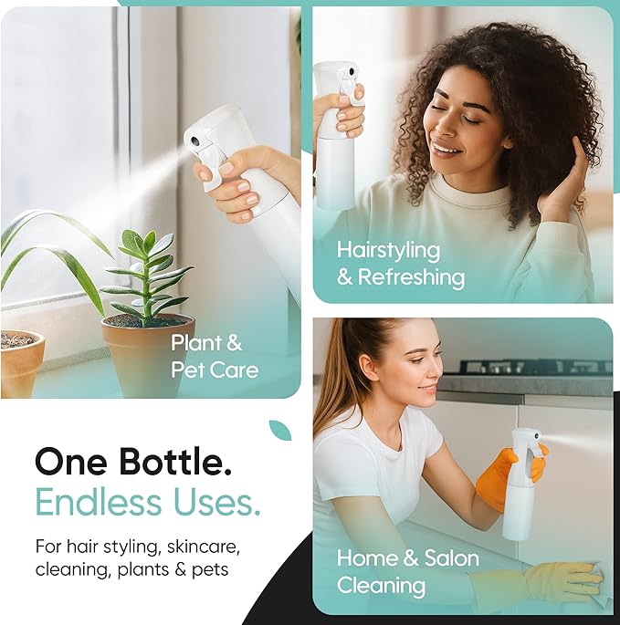 Aquableu Spray Bottle for Hair – Continuous Mist Spray Bottle for Hair Care, Styling, Cleaning, Plants, Pets & Essential Oils (White, 6.76oz/200ml)