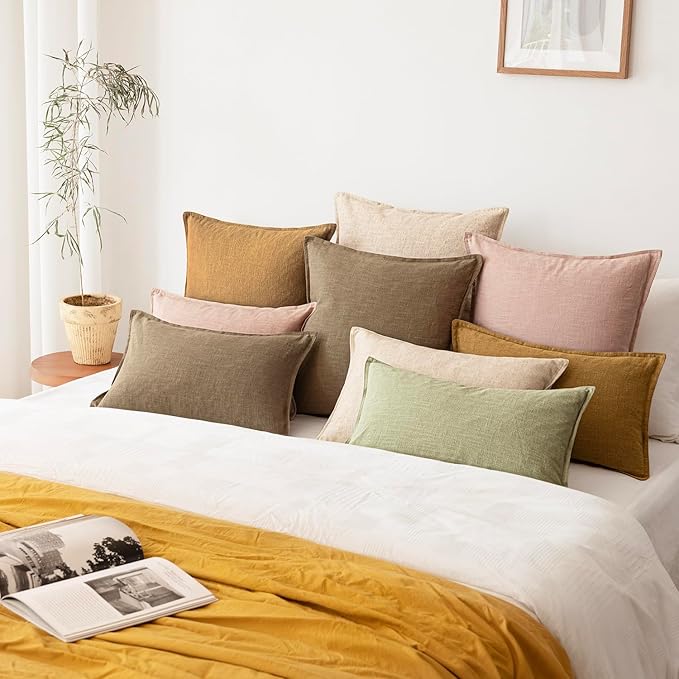 Foindtower Pack of 2, Decorative Linen Solid Throw Pillow Covers Soft Accent Cushion Case Boho Farmhouse Pillowcase for Bed Chair Couch Sofa Bedroom Living Room Home Decor 26 x 26 Inch Light Pink