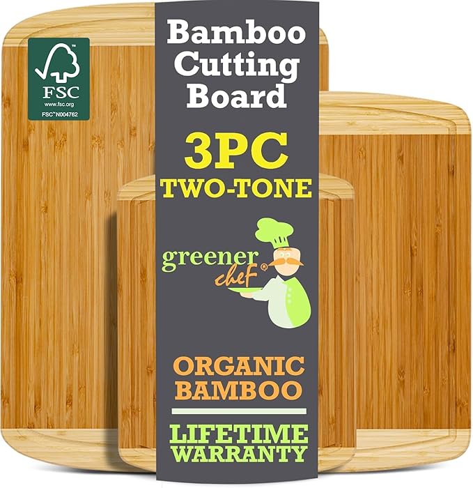 Organic Bamboo Cutting Boards for Kitchen Set of 3 with Lifetime Replacements – Premium Extra Large Wood Chopping Boards with Juice Grooves for Carving & Serving, Non-Toxic & Durable by Greener Chef