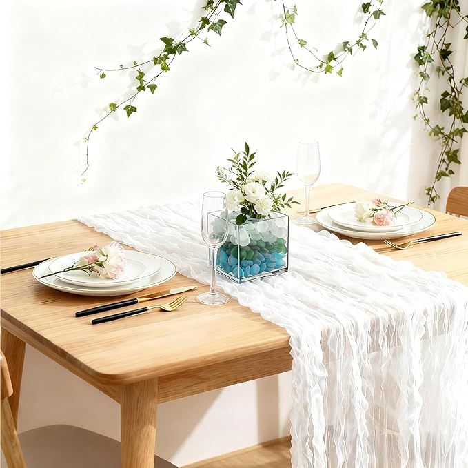 Suream Cheese Cloth Table Runner 120 Inch, White Long Table Runner for Wedding Party Baby Shower Birthday Home Decorations(6 Packs)