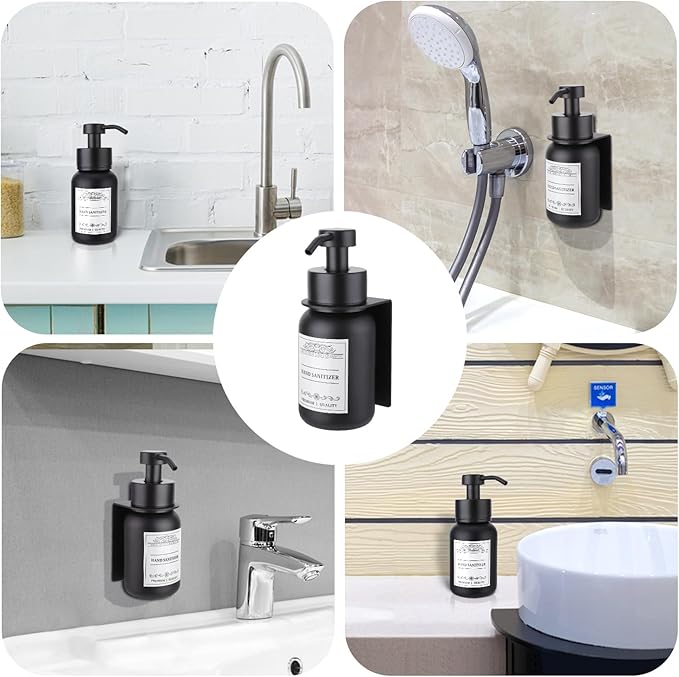 Black Soap Dispenser Wall Mount for Bathroom - 8.5 Oz Glass Hand Soap Dispenser with Pump and Drill-Free Wall Mount Holders, Shower Soap Dispenser with Waterproof Labels