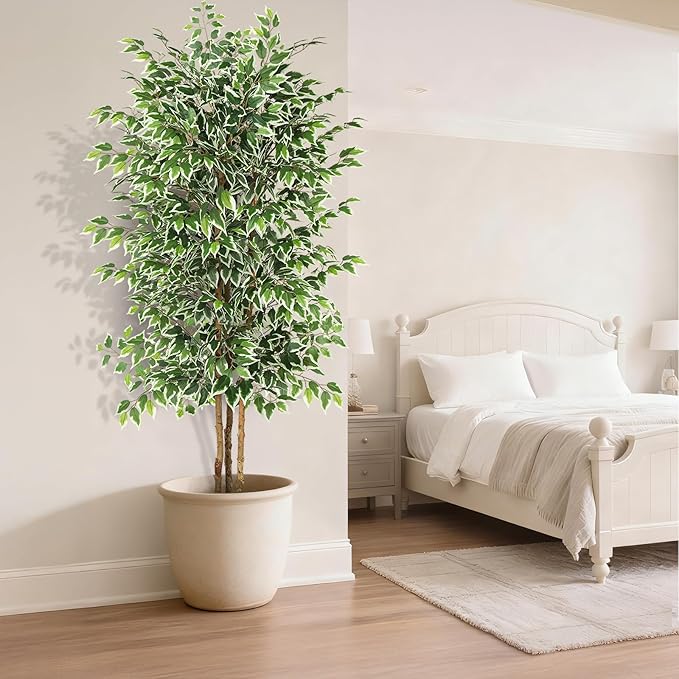 GTIDEA 7ft Ficus Artificial Trees, Tall Faux Trees Indoor with Natural Trunk and Fake Silk Tree Fake Plants for Home Decor Living Room Outdoor Balcony House Office (Included Dried Moss)