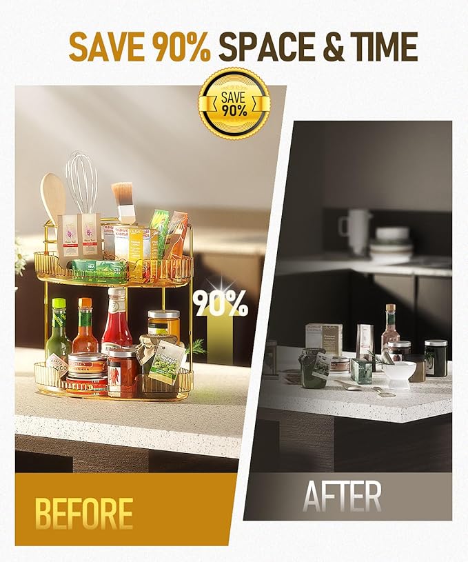 2-Tier Corner Bathroom Counter Organizer Makeup Cosmetic Storage, Tool-Free Installation Acrylic Vanity Shelf, Skin Care Organizer Perfume Tray for Countertop Bathroom, Dresser, Kitchen (Gold)