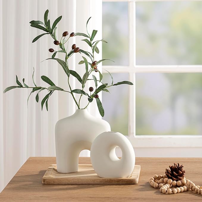 Ceramic Vase Set of 2, Modern Donut Vases for Minimalist Nordic Home Decor, Waterproof Round Vase, Decorative Centerpiece Vases for Room, Entryway, Bookshelf, Table Decor (Matte OffWhite)