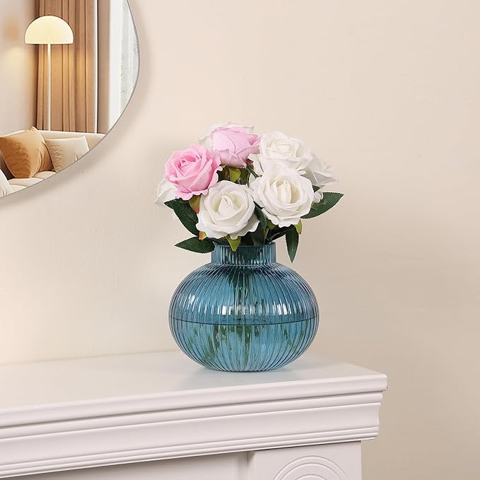 Blue Glass Vase for Tulips, Ribbed Glass Vase for Flowers, Round Flower Vases, Small Short Vases for Living Room, Office, Coffee Table, Shelf, Wedding, 6 Inches