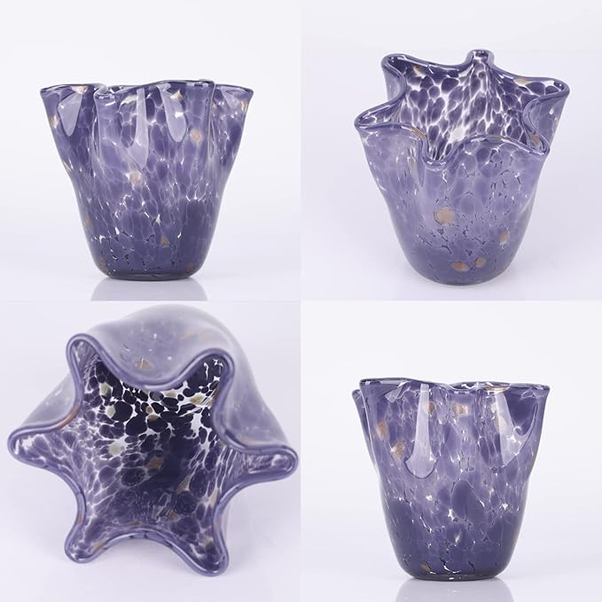 Hand Blown Glass vase Decorative, Purple Wide Mouth Petal vase, Modern Art Design Decorative vase for Home Decor Living Room, Centerpiece, Table and Wedding.huaban (E-2)