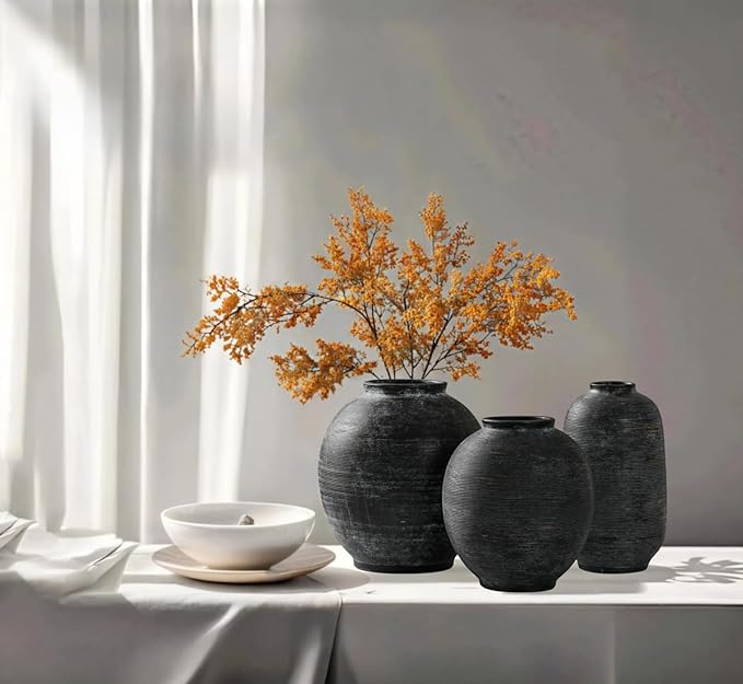 Large Black Ceramic Vase, 10.8 inch Round Minimalist Textured Floor Vase, Rustic Farmhouse Decor for Home, Living Room, Shelf, Table, Bathroom & Entryway Decoration (Black Bronze)